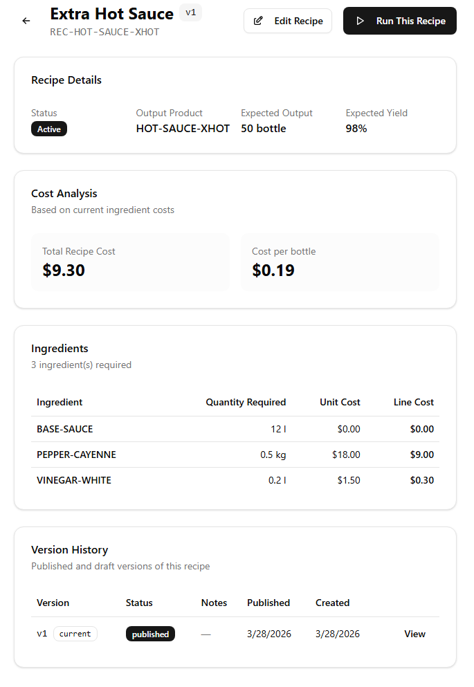 Recipe cost breakdown showing per-unit COGS with ingredient costs